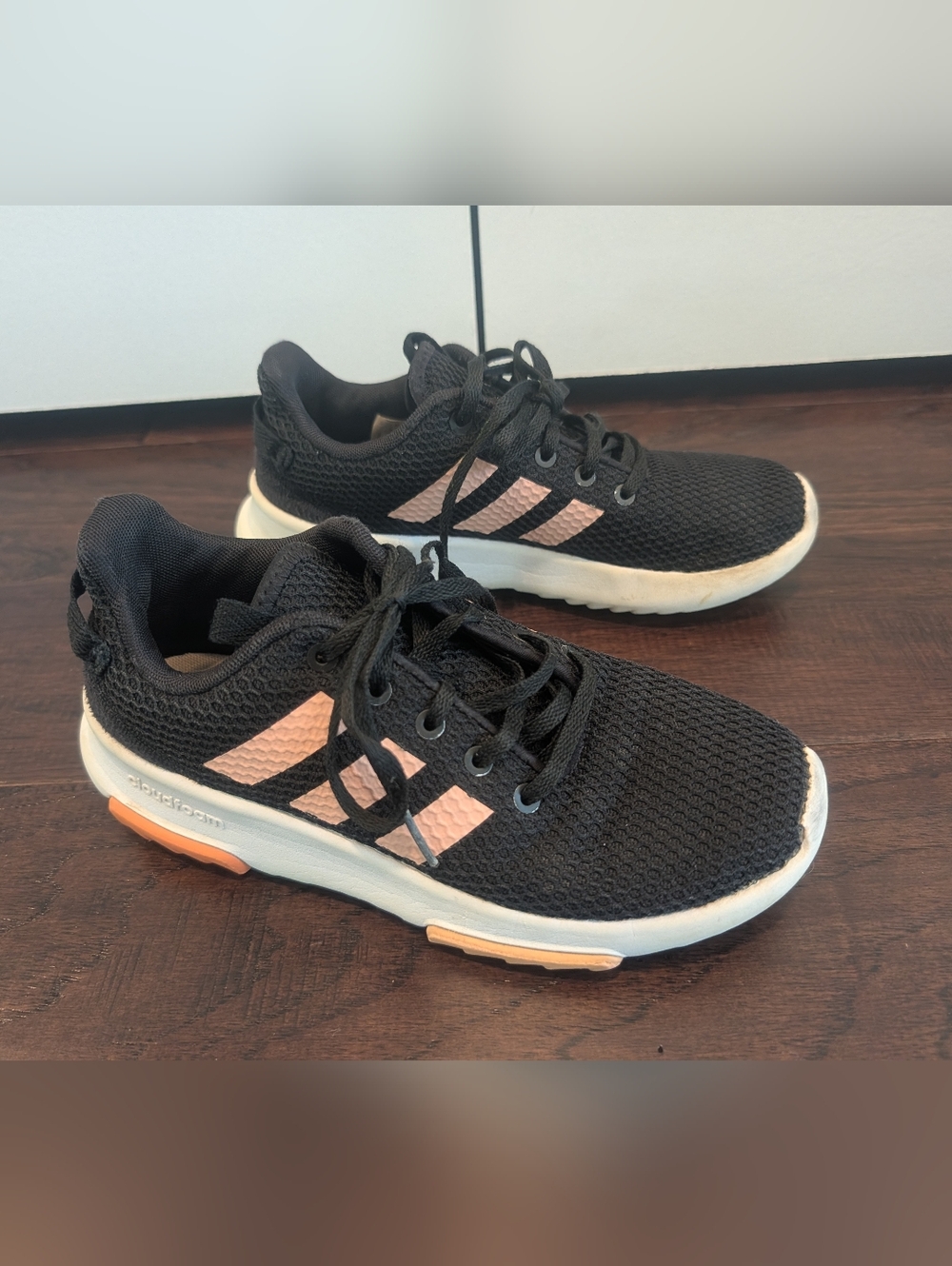 ADIDAS Girls Black Runner Sneakers with Pink Stripes Size 4